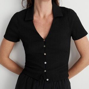 Crinkled Y-Neck Button-Down Shirt